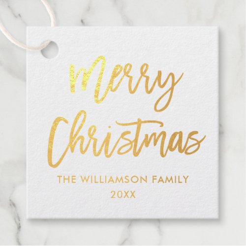 Brush Script Gold Foil Merry Christmas Square Foil Favor Tags