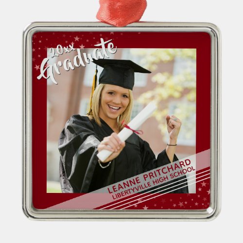 Brush Script Graduate Red Border  Stars Photo Metal Ornament