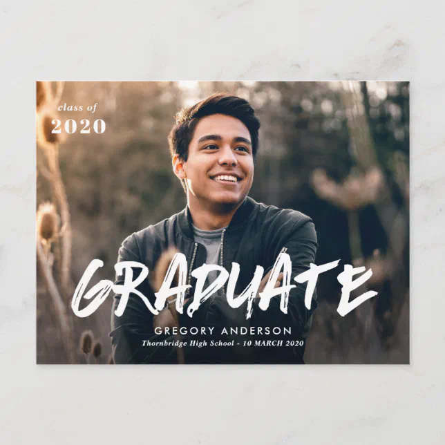 Brush script graduation photo announcement postcard | Zazzle