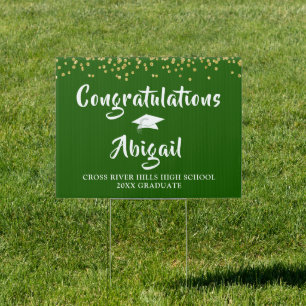 Brush Script Green and Gold Confetti Graduation Sign