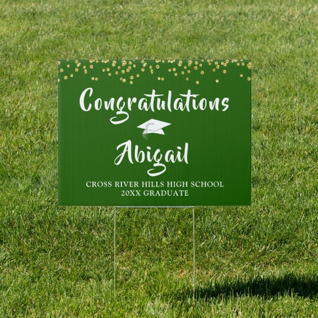 Brush Script Green and Gold Confetti Graduation Sign (Insitu)