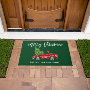 Brush Script Green Christmas Vintage Truck Large Doormat