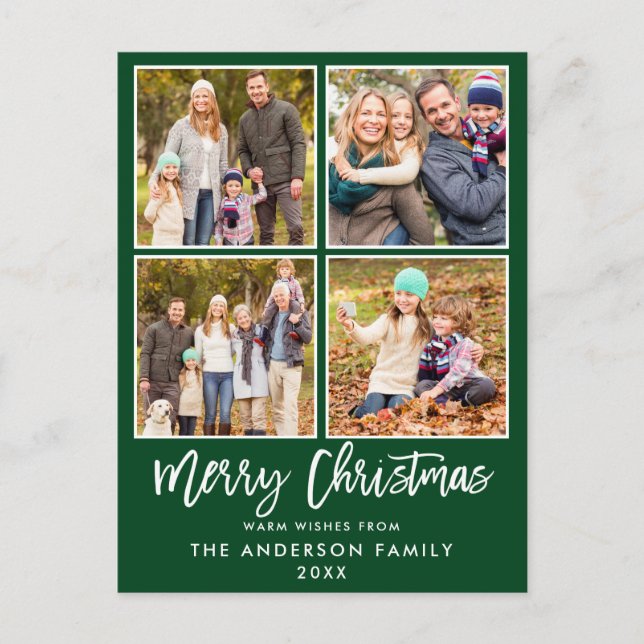 Brush Script Green Family 4 Photo Christmas Postcard (Front)