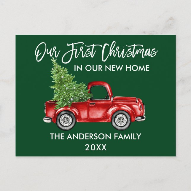 Brush Script Green First Christmas New Home Truck Postcard (Front)