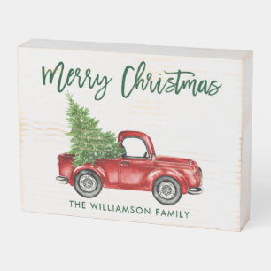 Brush Script Green Merry Christmas Vintage Truck Wooden Box Sign
