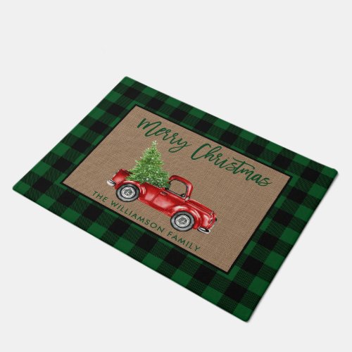 Brush Script Green Plaid Burlap Christmas Truck Doormat
