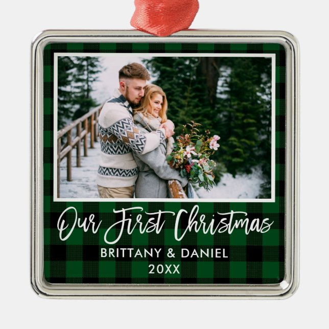 Brush Script Green Plaid Couple First Christmas Metal Ornament (Front)
