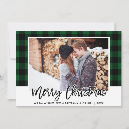 Brush Script Green Plaid Couple Photo Christmas Holiday Card