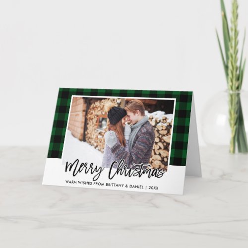 Brush Script Green Plaid Couple Photo Christmas Holiday Card