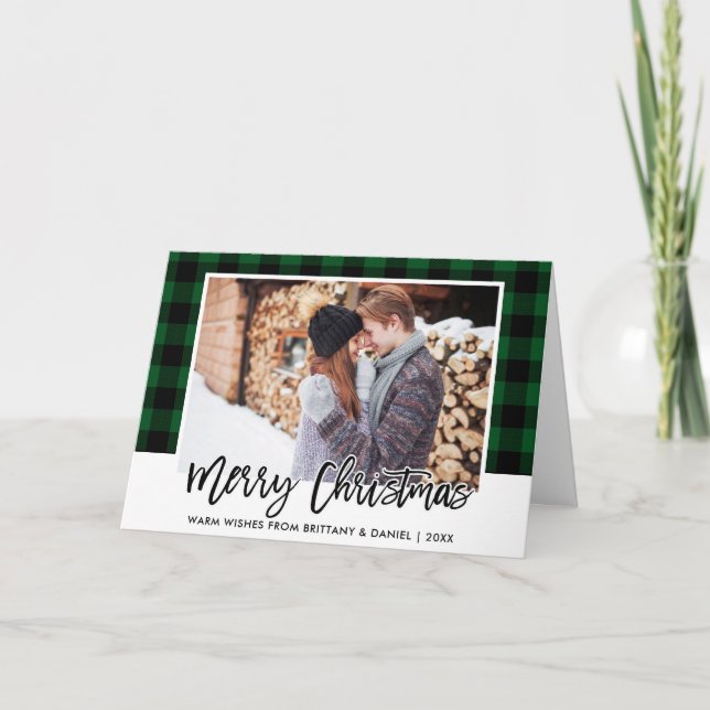 Brush Script Green Plaid Couple Photo Christmas Holiday Card (Front)