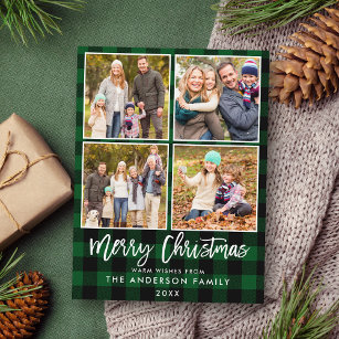 Brush Script Green Plaid Family 4 Photo Christmas Postcard