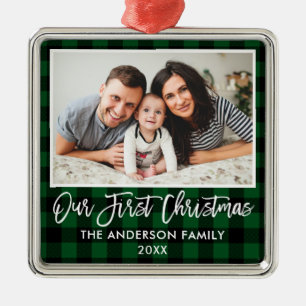 Brush Script Green Plaid Family First Christmas Metal Ornament