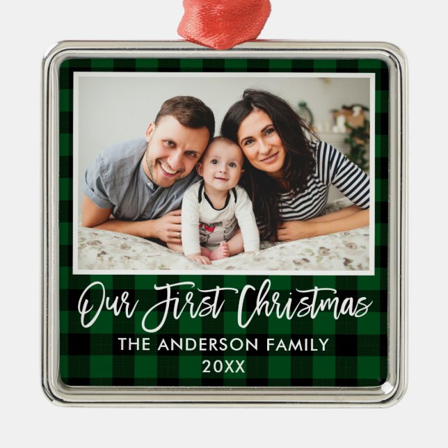 Brush Script Green Plaid Family First Christmas Metal Ornament (Front)