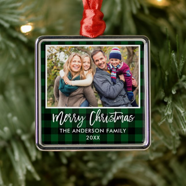 Brush Script Green Plaid Family Merry Christmas Metal Ornament (Tree)
