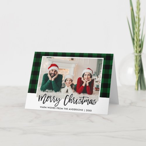 Brush Script Green Plaid Family Photo Christmas Holiday Card