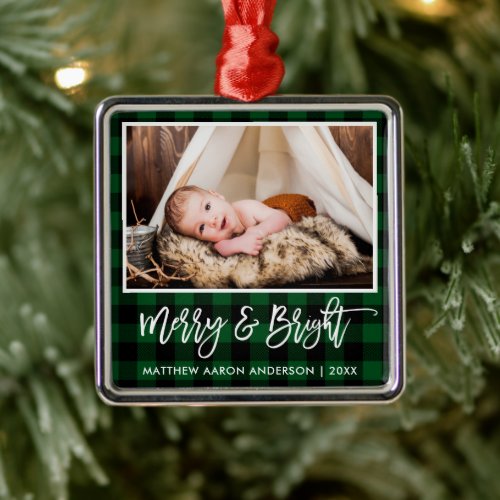Brush Script Green Plaid Merry and Bright Baby Metal Ornament