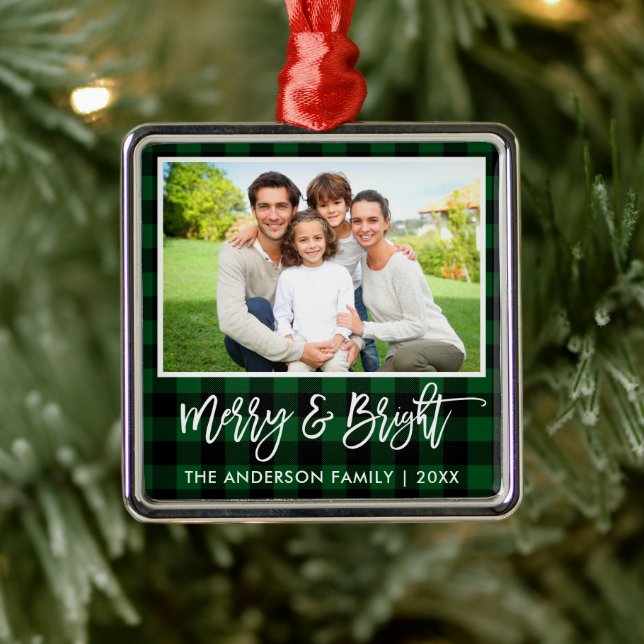Brush Script Green Plaid Merry and Bright Family Metal Ornament (Tree)