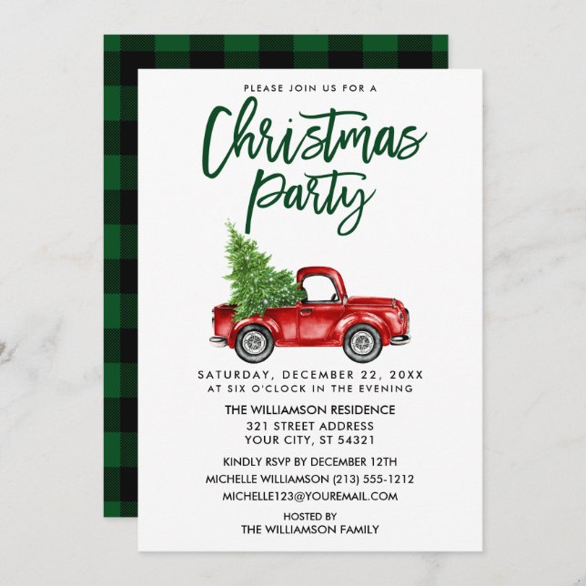 Brush Script Green Plaid Truck Christmas Party Invitation (Front/Back)