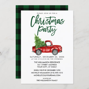 Brush Script Green Plaid Truck Christmas Party Invitation