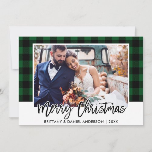 Brush Script Green Plaid Wedding Photo Christmas Holiday Card