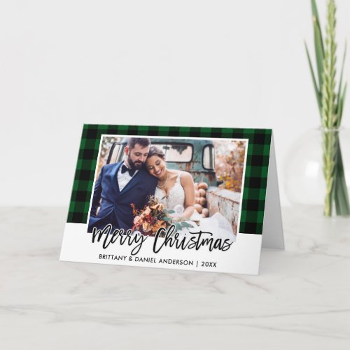 Brush Script Green Plaid Wedding Photo Christmas Holiday Card