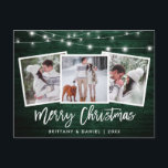 Brush Script Green Wood Lights 3 Photo Christmas Postcard<br><div class="desc">Rustic Green Wood Brush Script 3 Photo Merry Christmas Card with String Lights</div>
