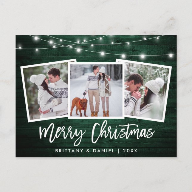 Brush Script Green Wood Lights 3 Photo Christmas Postcard (Front)