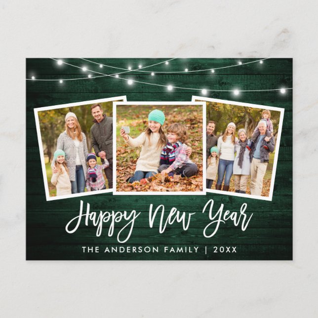 Brush Script Green Wood Lights 3 Photo New Year Postcard (Front)