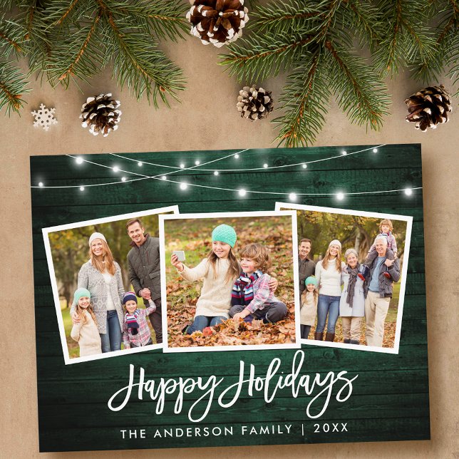 Brush Script Green Wood Lights Holiday 3 Photo Postcard (Customize to change your personalized text size or text style.)