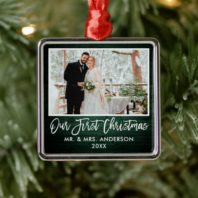 Brush Script Green Wood Wedding First Christmas Metal Ornament (Tree)