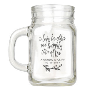 Brush Script Happily Ever After Names & Date Twig Mason Jar