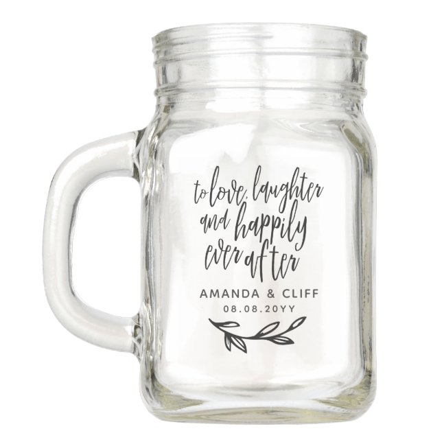Brush Script Happily Ever After Names & Date Twig Mason Jar (Back)
