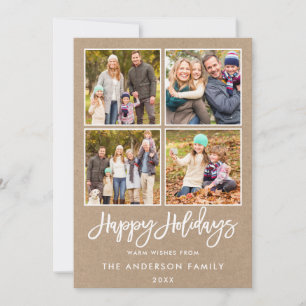 Brush Script Happy Holidays 4 Photo Kraft Holiday Card
