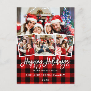 Brush Script Happy Holidays 4 Photo Red Plaid Postcard