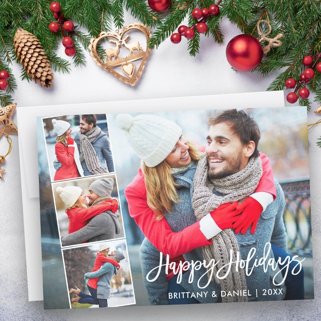 Brush Script Happy Holidays Couple 4 Photo Holiday Card (Customize to add text to back of card.)