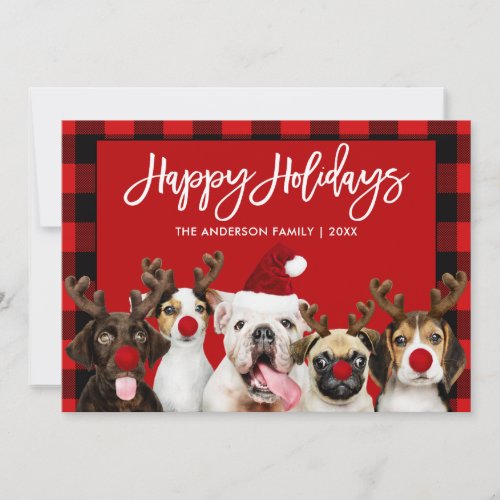 Brush Script Happy Holidays Dogs Red Plaid Holiday Card