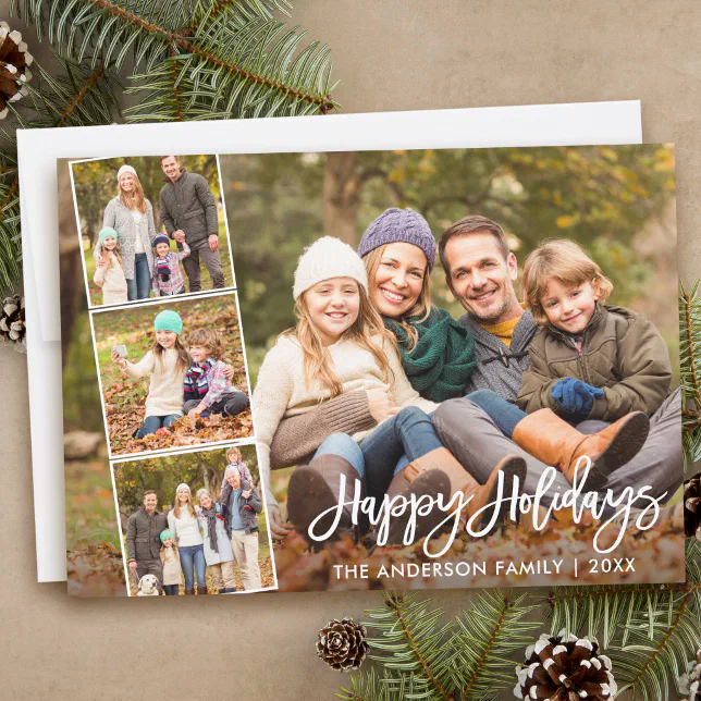 Brush Script Happy Holidays Family 4 Photo Holiday Card | Zazzle