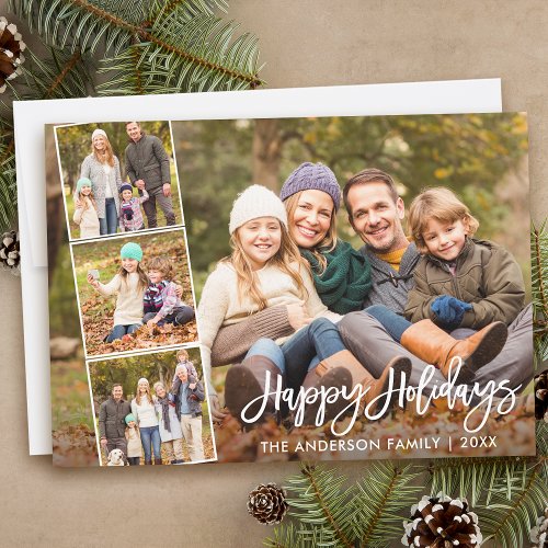 Brush Script Happy Holidays Family 4 Photo Holiday Card