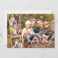 Brush Script Happy Holidays Family 4 Photo Holiday Card