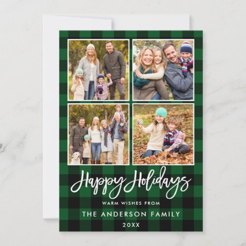 Brush Script Happy Holidays Green Plaid 4 Photo Holiday Card