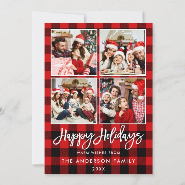Brush Script Happy Holidays Red Plaid 4 Photo Holiday Card (Front)