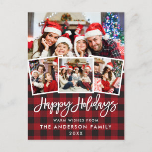 Brush Script Happy Holidays Red Plaid 4 Photo Postcard