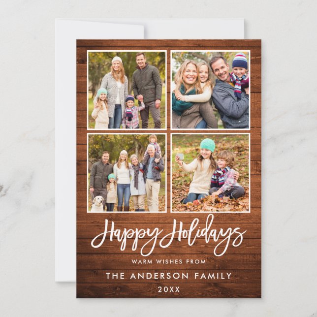Brush Script Happy Holidays Rustic Wood 4 Photo Holiday Card (Front)