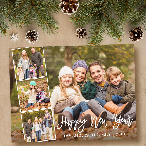 Brush Script Happy New Year Family 4 Photo Postcard