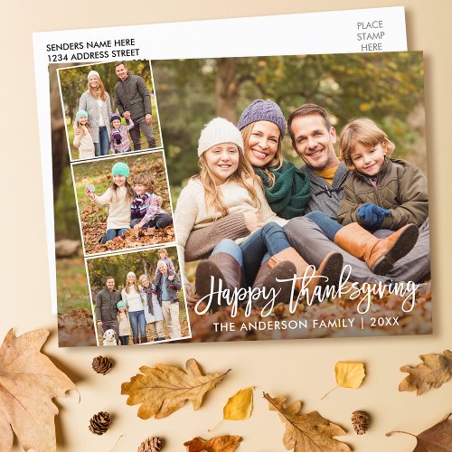 Brush Script Happy Thanksgiving Family 4 Photo Postcard