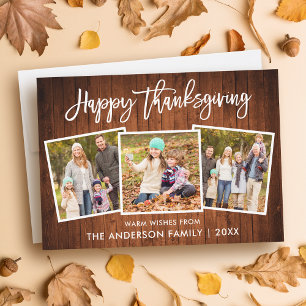 Brush Script Happy Thanksgiving Wood 3 Photo Holiday Card