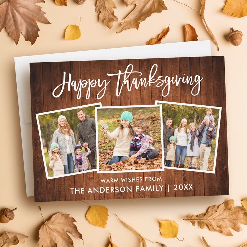 Brush Script Happy Thanksgiving Wood 3 Photo Holiday Card