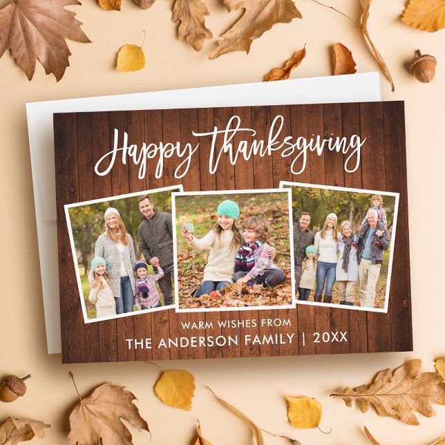 Brush Script Happy Thanksgiving Wood 3 Photo Holiday Card (Customize to add text or more photos to back of card.)