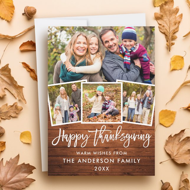 Brush Script Happy Thanksgiving Wood 4 Photos Holiday Card (Customize to add text to back of card.)