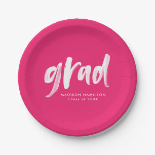 Brush Script Hot Pink Graduation Paper Plates